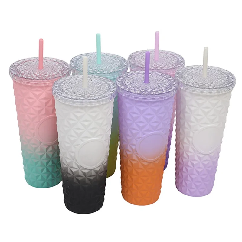 Crystal Texture 710ML Water Bottle Gradient Design Tumbler AS Plastic Drinking Cup with Straw (BPA-Free, No FDA Certified) - Purple+Orange