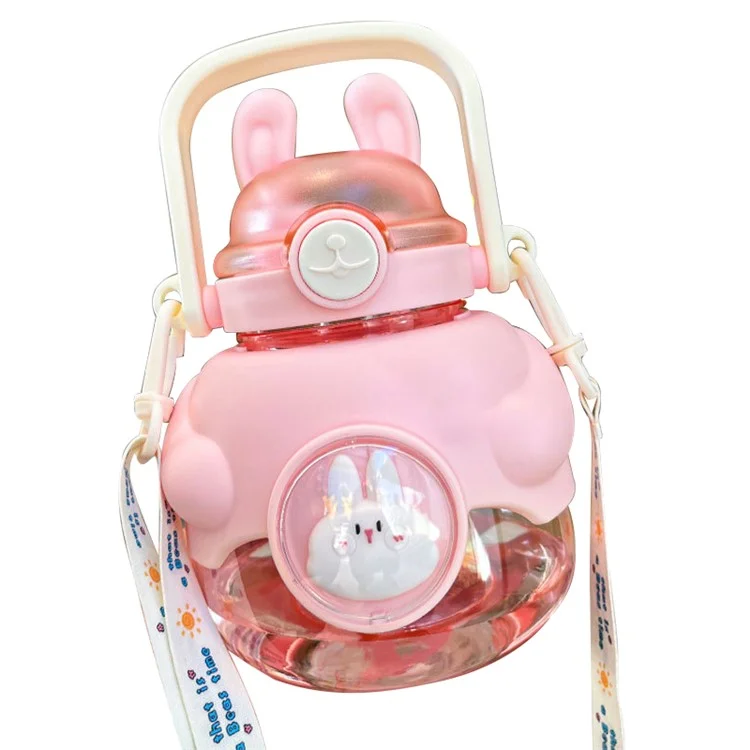 Bouteille d'eau d'été pour enfants Cartoon Rabbit 1150ml avec paille (sans BPA, sans certificat FDA) - Rose