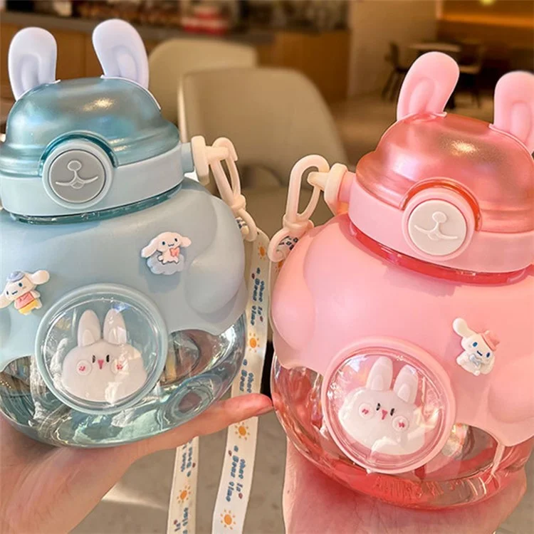 Bouteille d'eau d'été pour enfants Cartoon Rabbit 1150ml avec paille (sans BPA, sans certificat FDA) - Rose