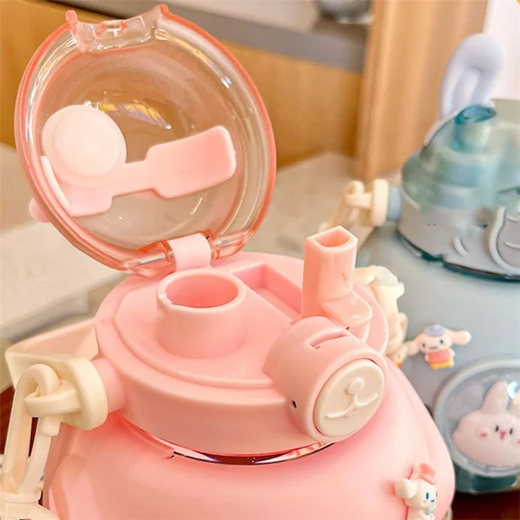 Bouteille d'eau d'été pour enfants Cartoon Rabbit 1150ml avec paille (sans BPA, sans certificat FDA) - Rose