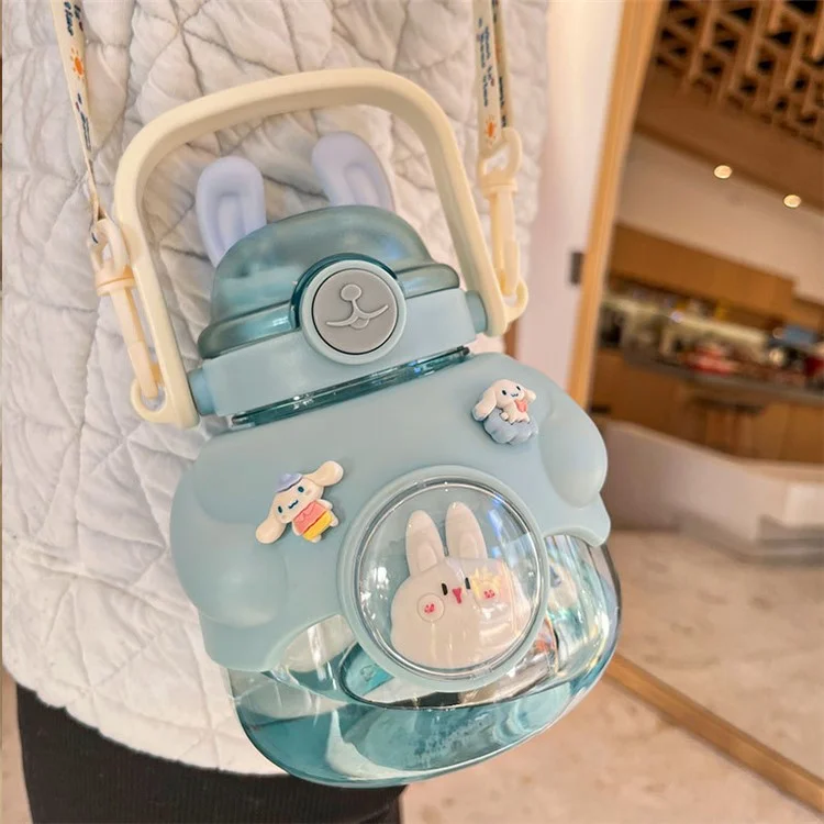 Bouteille d'eau d'été pour enfants Cartoon Rabbit 1150ml avec paille (sans BPA, sans certificat FDA) - Rose