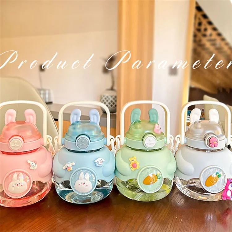 Bouteille d'eau d'été pour enfants Cartoon Rabbit 1150ml avec paille (sans BPA, sans certificat FDA) - Rose