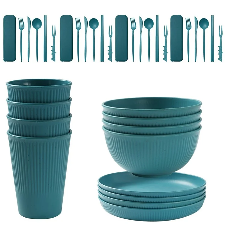 Ensemble de vaisselle de 36 pièces en fibre de blé - Assiettes, bols, tasses, fourchettes, couteaux et ustensiles de table (sans BPA, certifié FDA) - Vert noirâtre