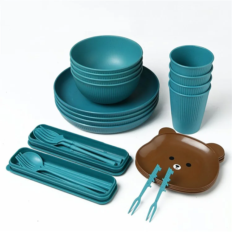 Ensemble de vaisselle de 36 pièces en fibre de blé - Assiettes, bols, tasses, fourchettes, couteaux et ustensiles de table (sans BPA, certifié FDA) - Vert noirâtre