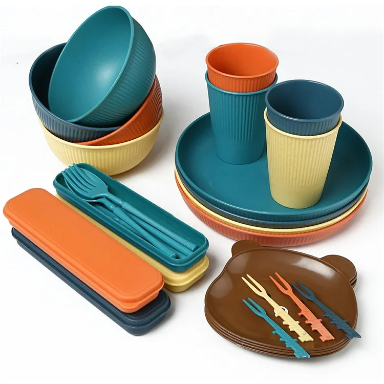 Ensemble de vaisselle de 36 pièces en fibre de blé - Assiettes, bols, tasses, fourchettes, couteaux et ustensiles de table (sans BPA, certifié FDA) - Vert noirâtre