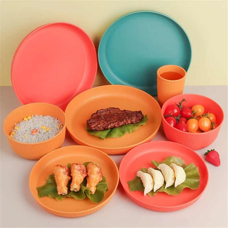 16-Piece Kitchen Plastic Wheat Straw Dinnerware Set Plates Bowls Cups (BPA-Free, FDA Certified) - Yellow