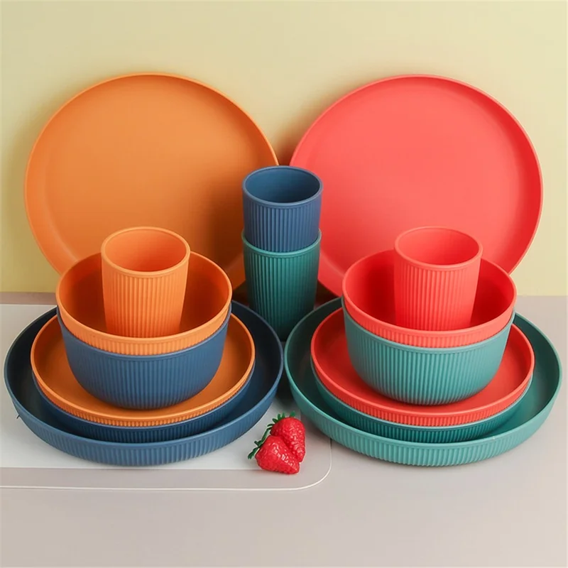 16-Piece Kitchen Plastic Wheat Straw Dinnerware Set Plates Bowls Cups (BPA-Free, FDA Certified) - Yellow