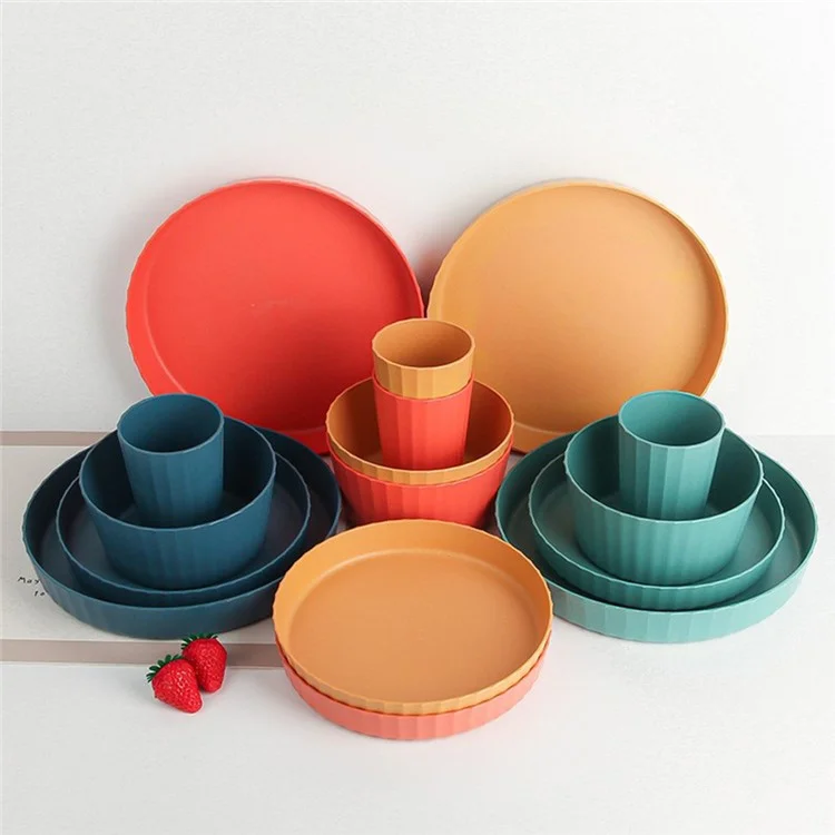 16 peces / Conjunt de plats de sopar, tasses i coberts de PP + palla de blat (sense BPA, amb certificat FDA de material PP) - groc