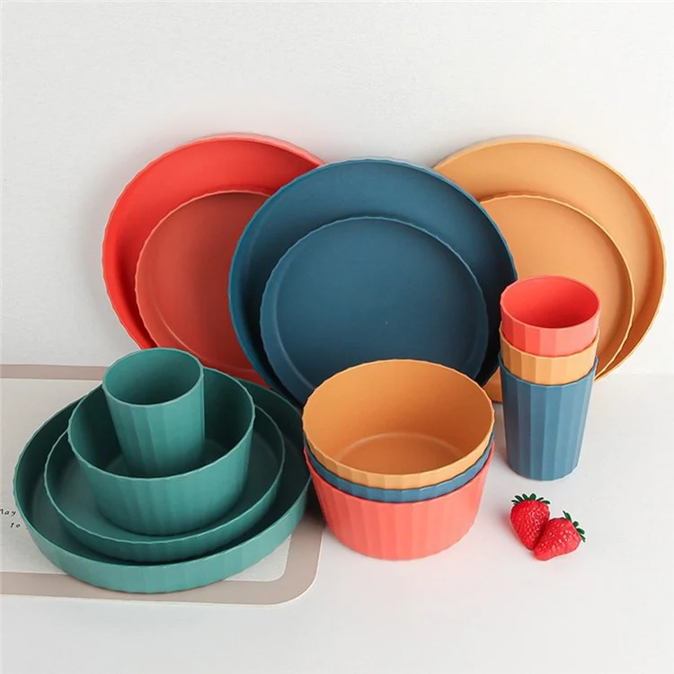 16 peces / Conjunt de plats de sopar, tasses i coberts de PP + palla de blat (sense BPA, amb certificat FDA de material PP) - groc