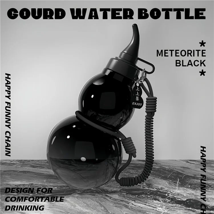 Bouteille d'eau de sport en forme de calebasse d'une capacité de 800 ml en Tritan avec pendentif et cordon (sans BPA, pas d'approbation FDA) - Noir