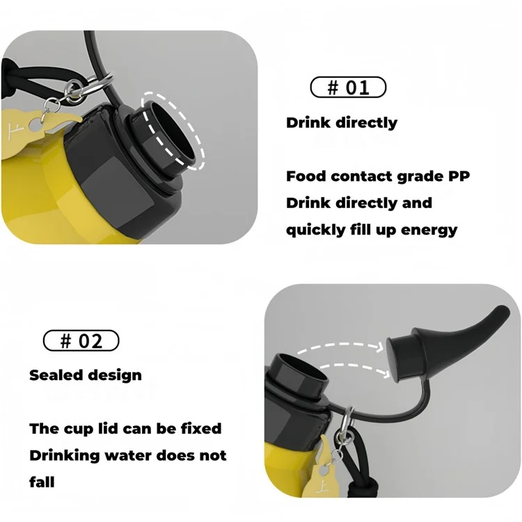 Bouteille d'eau de sport en forme de calebasse d'une capacité de 800 ml en Tritan avec pendentif et cordon (sans BPA, pas d'approbation FDA) - Noir