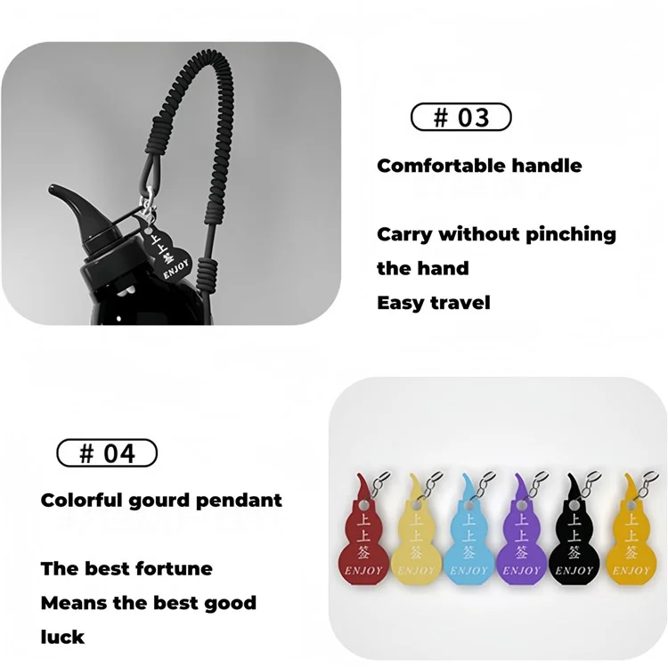 Bouteille d'eau de sport en forme de calebasse d'une capacité de 800 ml en Tritan avec pendentif et cordon (sans BPA, pas d'approbation FDA) - Noir