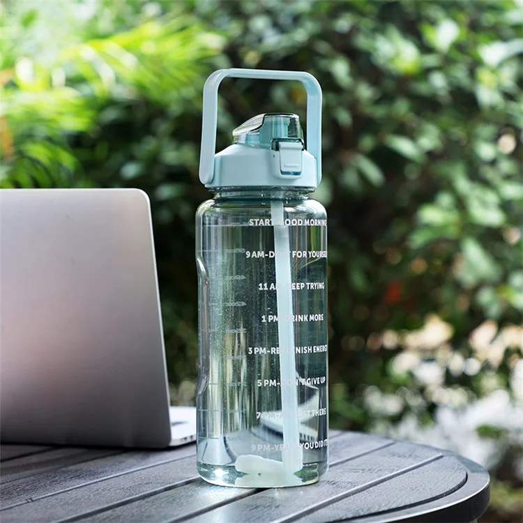 Wasserflasche 2000ml Motivationsflasche Auslaufsicher Fitness-Sport Tägliches Wassergefäß mit Griff / Zeitmarkierung / Strohhalm (BPA-frei, KEINE FDA-Zertifizierung) - Grün