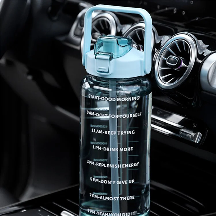 Wasserflasche 2000ml Motivationsflasche Auslaufsicher Fitness-Sport Tägliches Wassergefäß mit Griff / Zeitmarkierung / Strohhalm (BPA-frei, KEINE FDA-Zertifizierung) - Grün