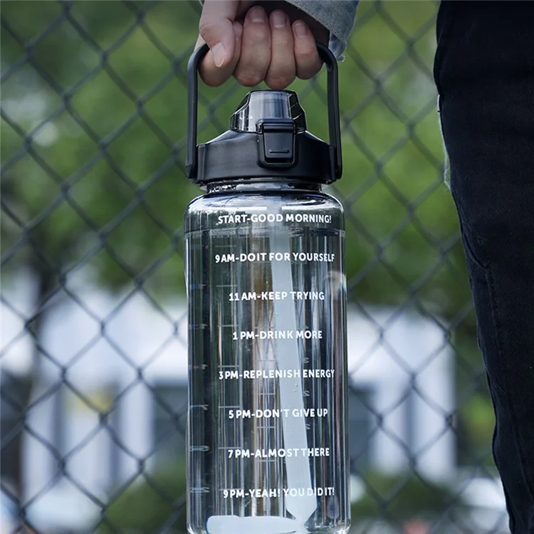 Wasserflasche 2000ml Motivationsflasche Auslaufsicher Fitness-Sport Tägliches Wassergefäß mit Griff / Zeitmarkierung / Strohhalm (BPA-frei, KEINE FDA-Zertifizierung) - Grün