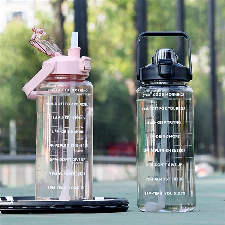 Wasserflasche 2000ml Motivationsflasche Auslaufsicher Fitness-Sport Tägliches Wassergefäß mit Griff / Zeitmarkierung / Strohhalm (BPA-frei, KEINE FDA-Zertifizierung) - Grün