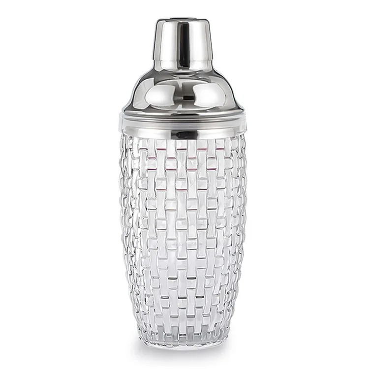 Coctelera de 385ml de Vidrio con Textura Trenzada + Tapa de Acero Inoxidable (Sin Certificación FDA, Sin BPA) - Plateado