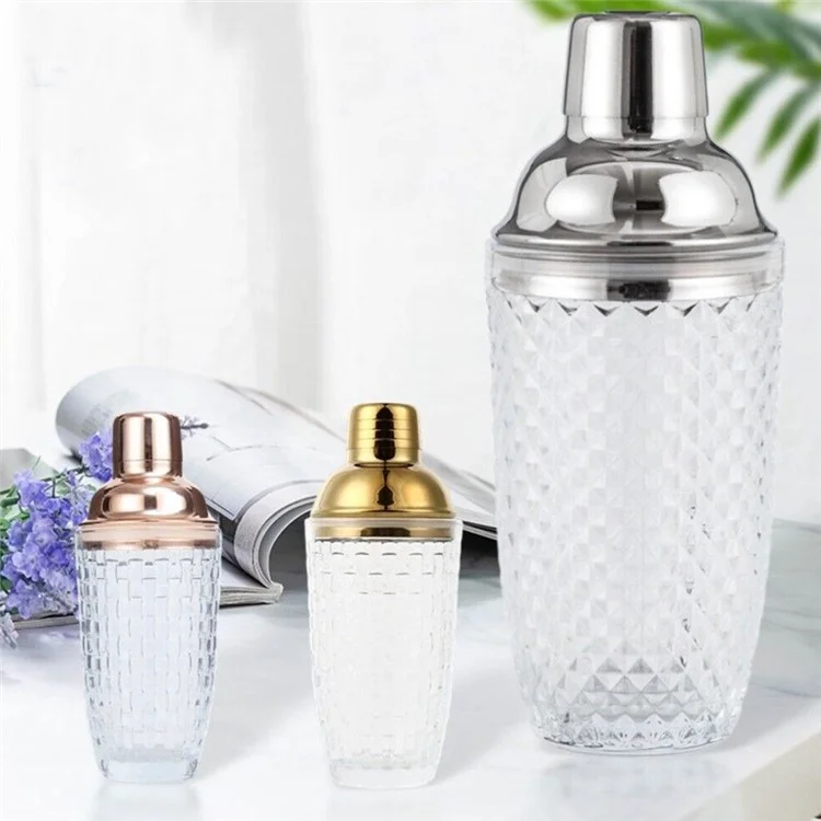 Coctelera de 385ml de Vidrio con Textura Trenzada + Tapa de Acero Inoxidable (Sin Certificación FDA, Sin BPA) - Plateado