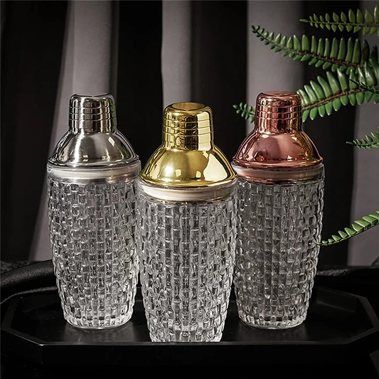 Coctelera de 385ml de Vidrio con Textura Trenzada + Tapa de Acero Inoxidable (Sin Certificación FDA, Sin BPA) - Plateado