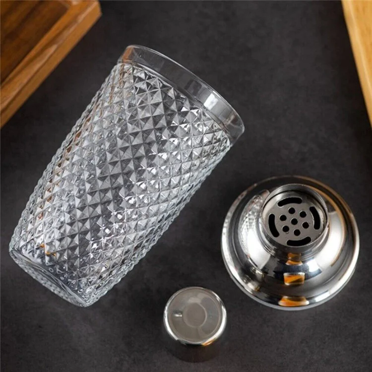 Coctelera de 385ml de Vidrio con Textura Trenzada + Tapa de Acero Inoxidable (Sin Certificación FDA, Sin BPA) - Plateado