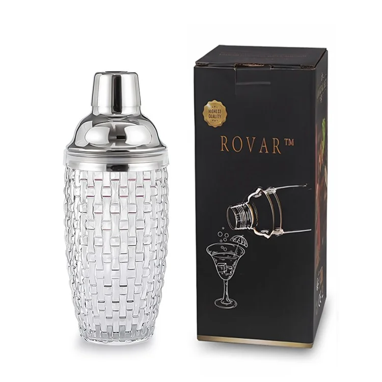 Coctelera de 385ml de Vidrio con Textura Trenzada + Tapa de Acero Inoxidable (Sin Certificación FDA, Sin BPA) - Plateado