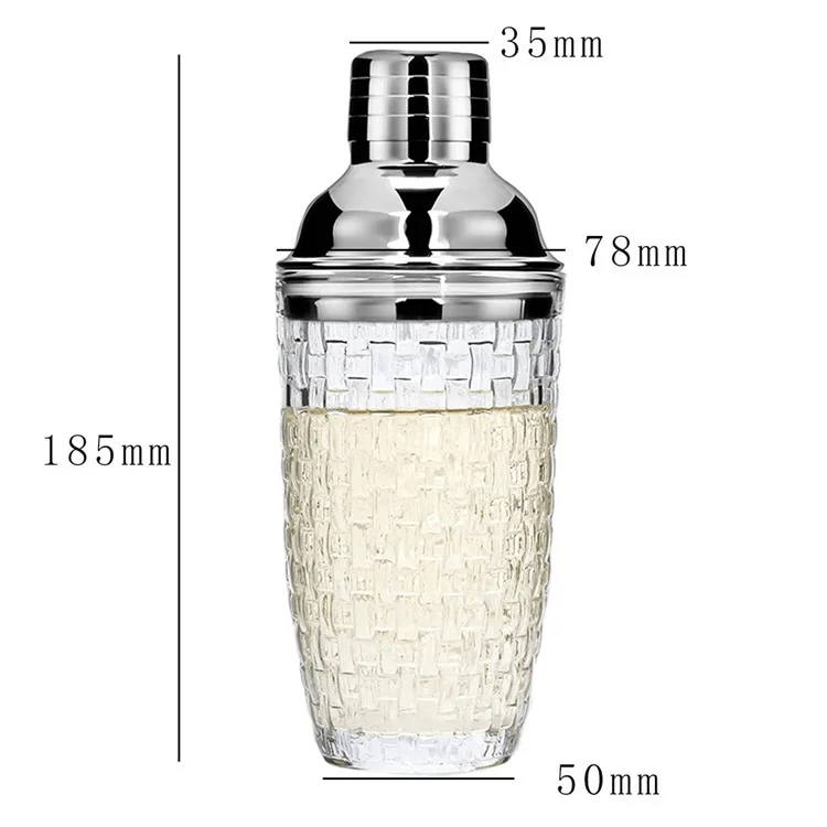Coctelera de 385ml de Vidrio con Textura Trenzada + Tapa de Acero Inoxidable (Sin Certificación FDA, Sin BPA) - Plateado