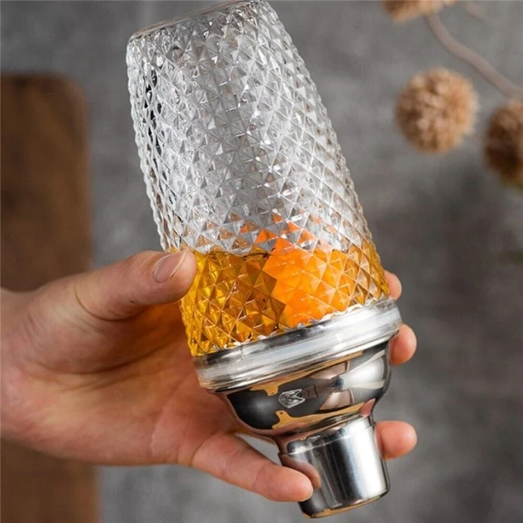 Coctelera de 385ml de Vidrio con Textura Trenzada + Tapa de Acero Inoxidable (Sin Certificación FDA, Sin BPA) - Plateado