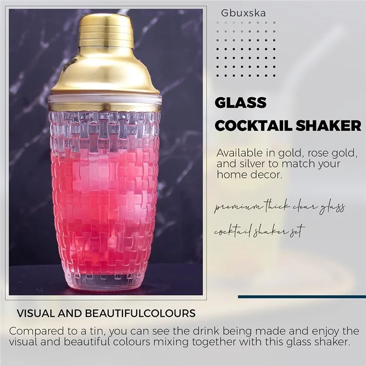 Coctelera de 385ml de Vidrio con Textura Trenzada + Tapa de Acero Inoxidable (Sin Certificación FDA, Sin BPA) - Plateado