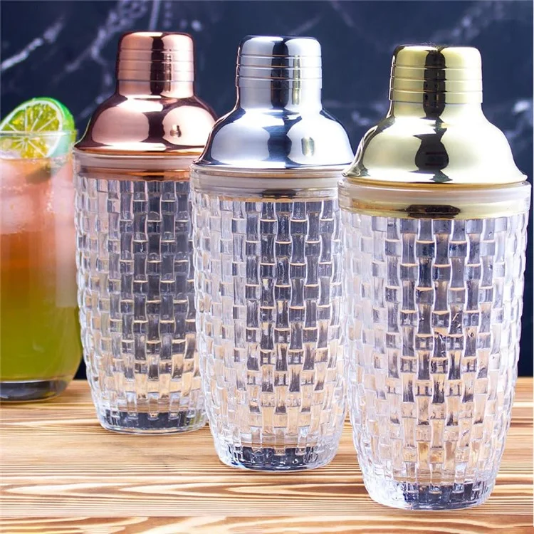 Coctelera de 385ml de Vidrio con Textura Trenzada + Tapa de Acero Inoxidable (Sin Certificación FDA, Sin BPA) - Plateado