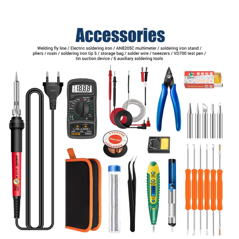 ANENG SL101 25Pcs Digital Multimeter 60W Electric Soldering Iron Kit with Replaceable Welding Head Electronic Repair Set - EU Plug
