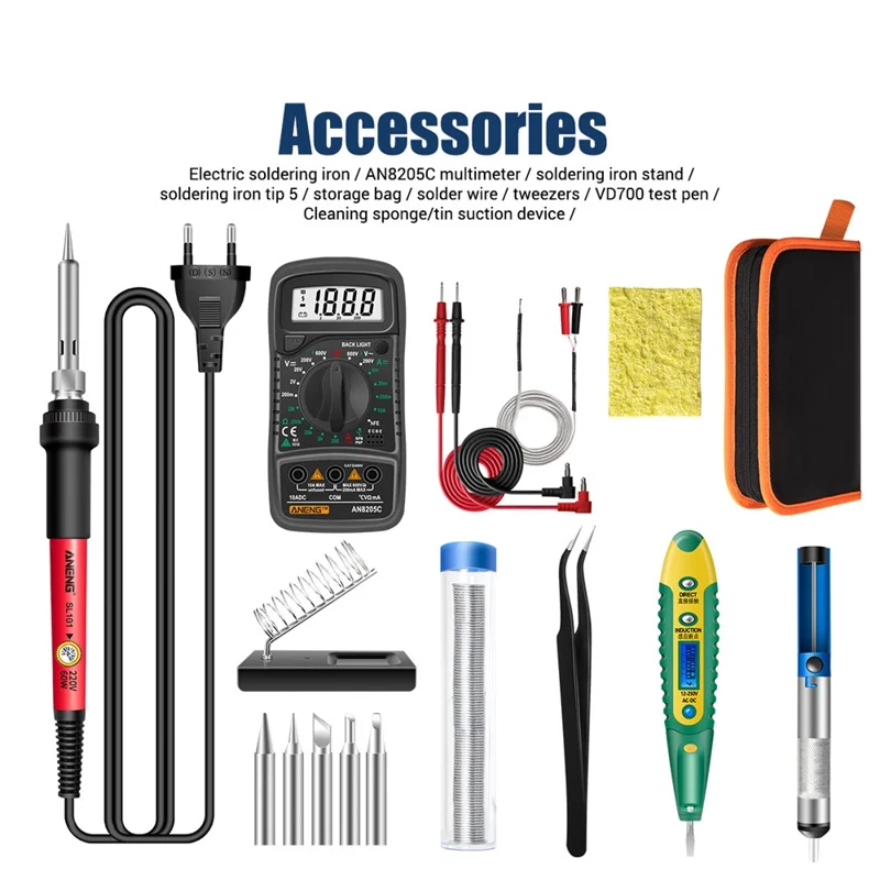 ANENG SL101 16Pcs Adjustable Temperature 60W Electric Soldering Iron Kit with Replaceable Welding Head Electronic Repair Set - EU Plug