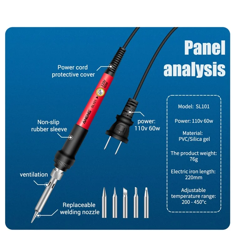 ANENG SL101 17PCS Kit de Fer à Soudure Électrique Multi-fonctionnel 60W Avec Ensemble de Réparation Électronique de la Tête de Soudage Remplaçable - Plug