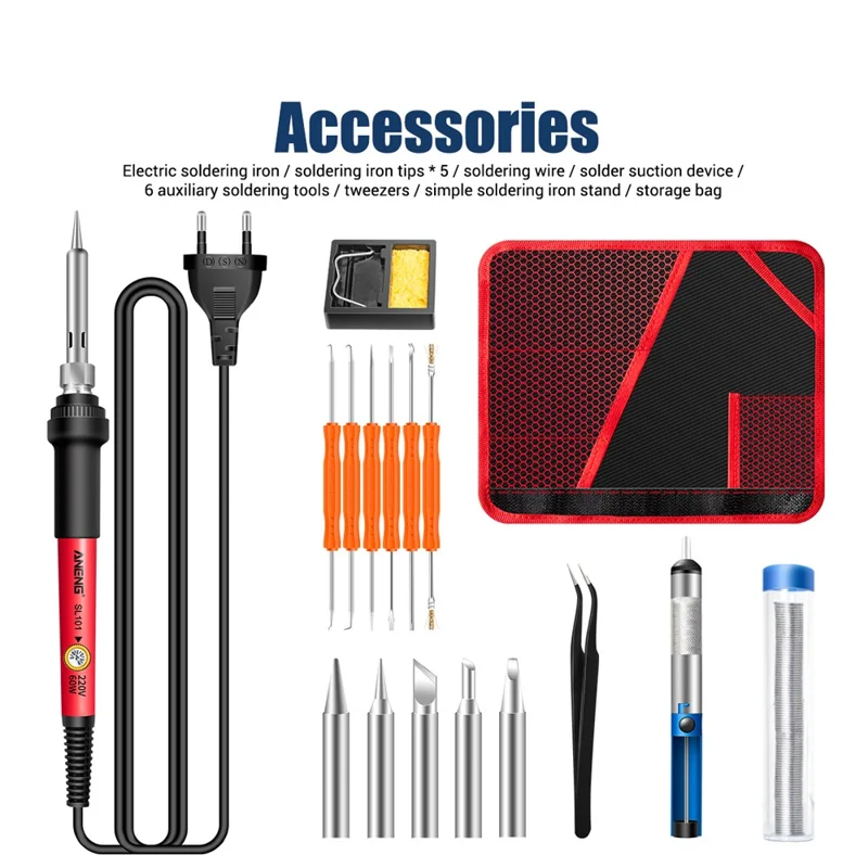 ANENG SL101 17Pcs Multi-Functional 60W Electric Soldering Iron Kit with Replaceable Welding Head Electronic Repair Set - EU Plug