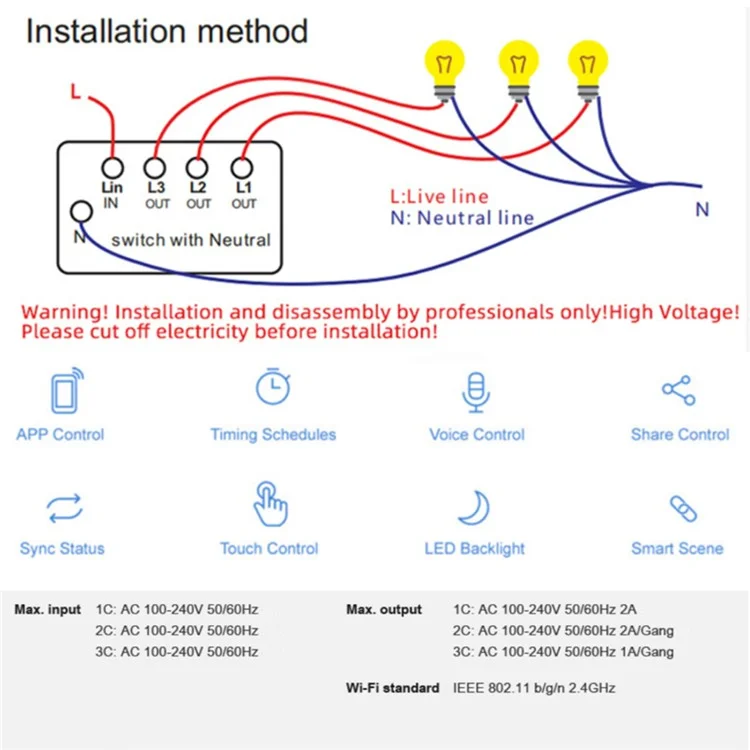 Interruptor Smart Wifi de 1 Gang Ciervo Versión de Alambre Neutral Cable de Fuego Controlador de Interruptor de Pared de Control de Voz Requerido, Enchufe de la ue