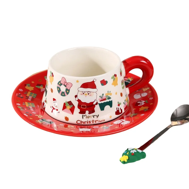 Christmas Ceramic Coffee Cup Mug Saucer Set with Spoon Xmas Gift - Red