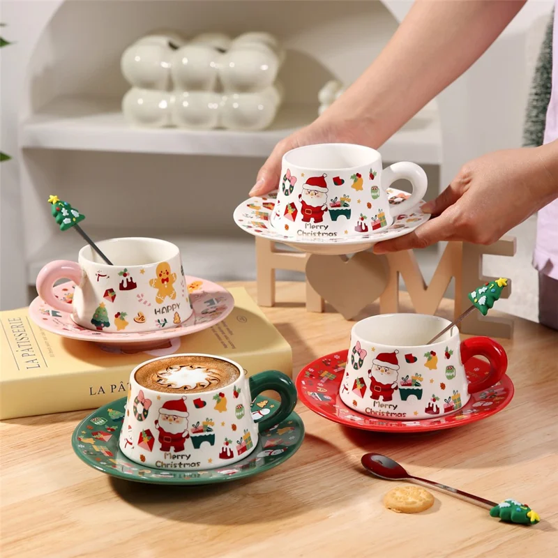 Christmas Ceramic Coffee Cup Mug Saucer Set with Spoon Xmas Gift - Red