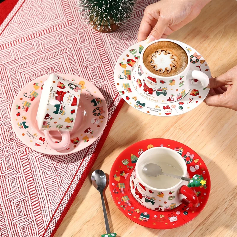 Christmas Ceramic Coffee Cup Mug Saucer Set with Spoon Xmas Gift - Red