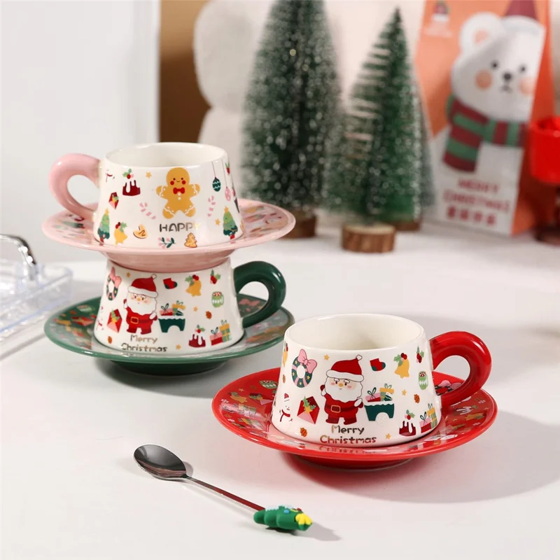 Christmas Ceramic Coffee Cup Mug Saucer Set with Spoon Xmas Gift - Red