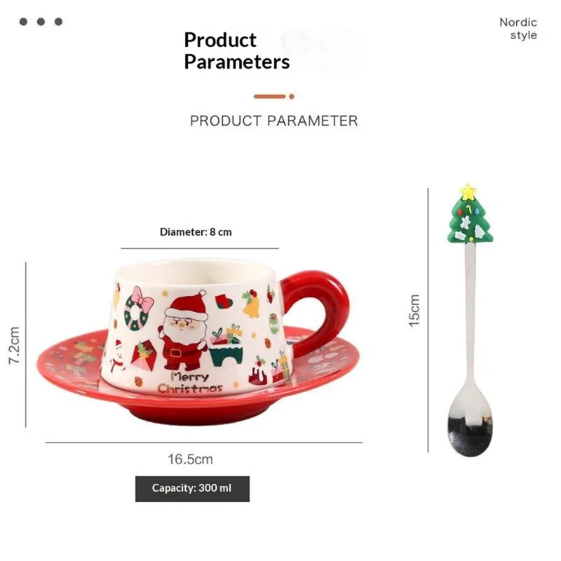 Christmas Ceramic Coffee Cup Mug Saucer Set with Spoon Xmas Gift - Red