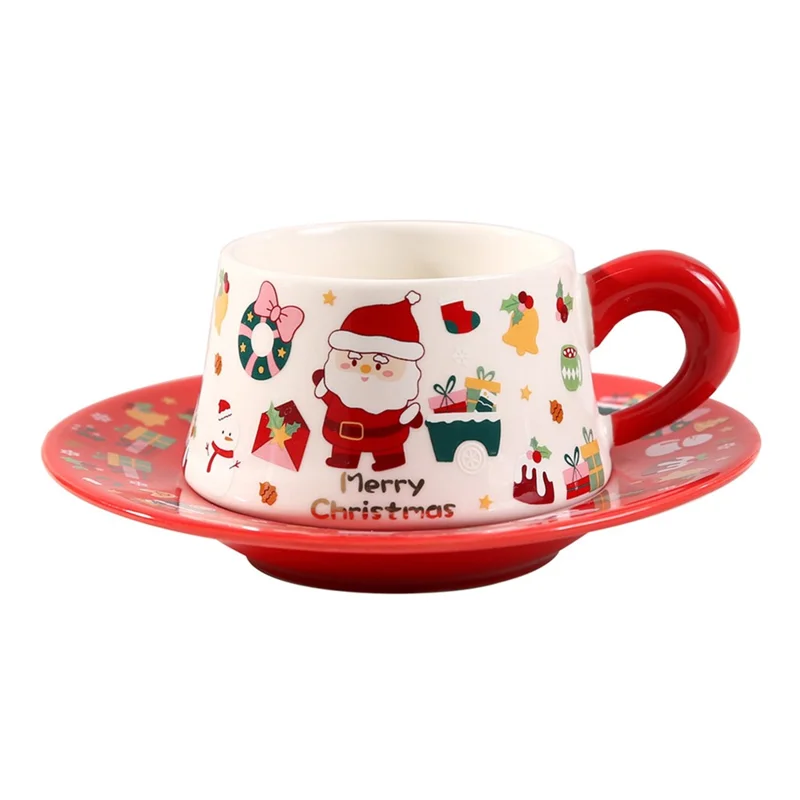 Christmas Ceramic Coffee Cup Mug Saucer Set with Spoon Xmas Gift - Red