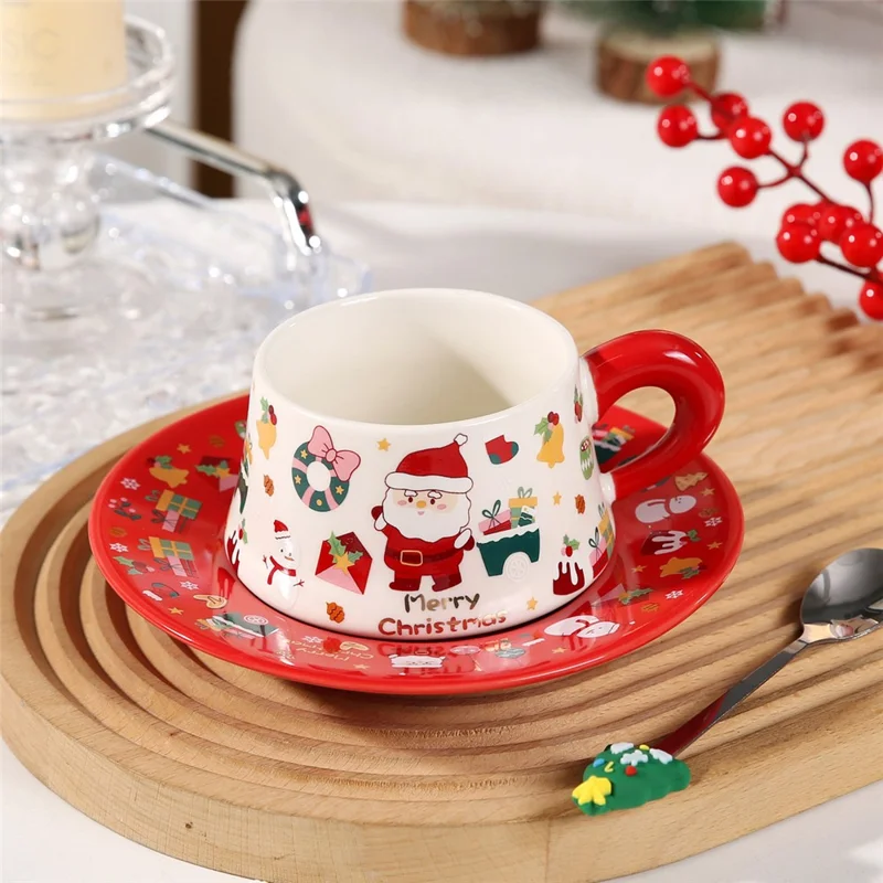 Christmas Ceramic Coffee Cup Mug Saucer Set with Spoon Xmas Gift - Red