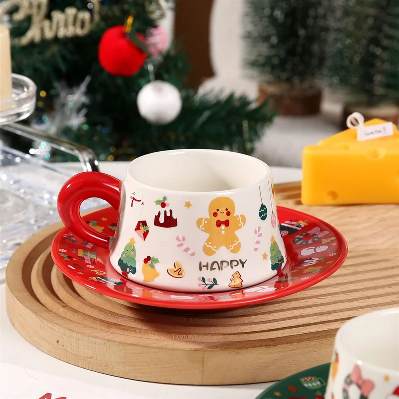 Christmas Ceramic Coffee Cup Mug Saucer Set with Spoon Xmas Gift - Red