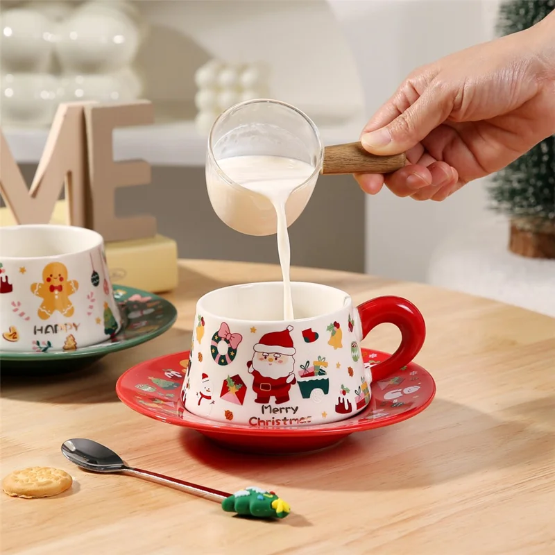 Christmas Ceramic Coffee Cup Mug Saucer Set with Spoon Xmas Gift - Red