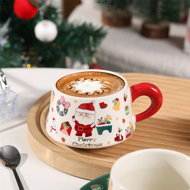 Christmas Ceramic Coffee Cup Mug Saucer Set with Spoon Xmas Gift - Red