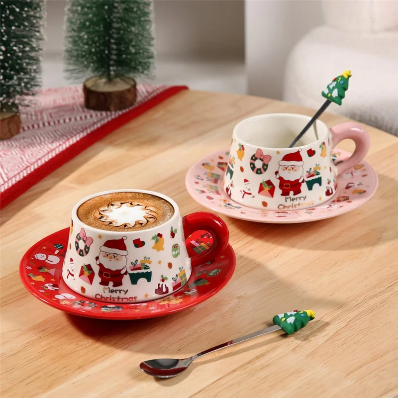 Christmas Ceramic Coffee Cup Mug Saucer Set with Spoon Xmas Gift - Red