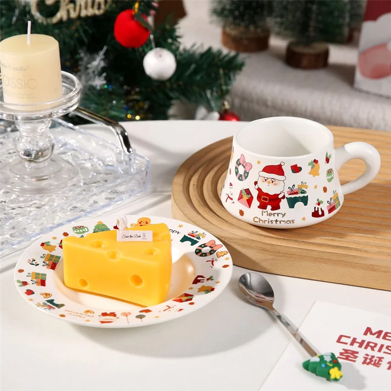 Christmas Ceramic Coffee Cup Mug Saucer Set with Spoon Xmas Gift - Red