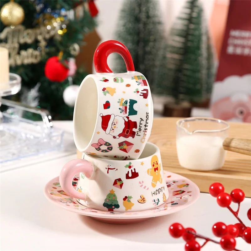 Christmas Ceramic Coffee Cup Mug Saucer Set with Spoon Xmas Gift - Red