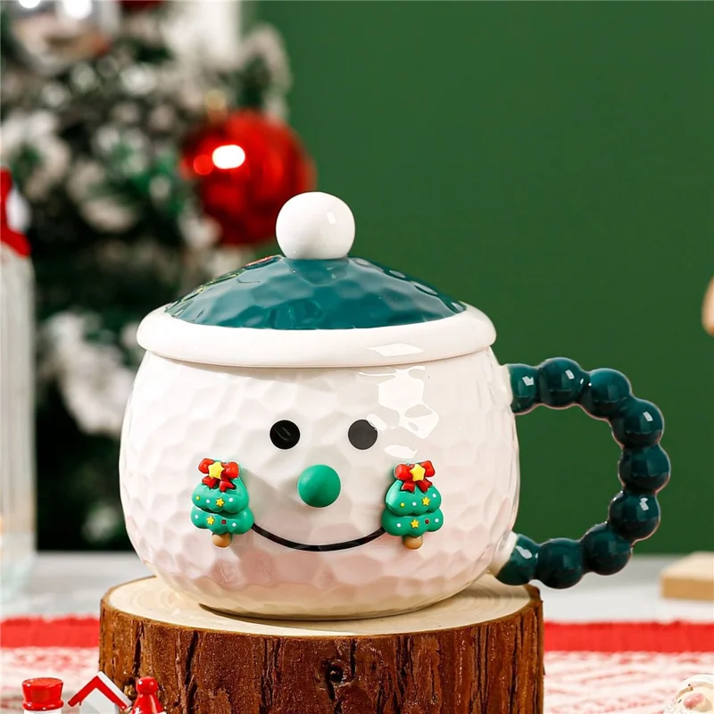 Creative Christmas Cartoon Ceramic Mug with Lid 420ml Coffee Cup for Holiday Gift - Green
