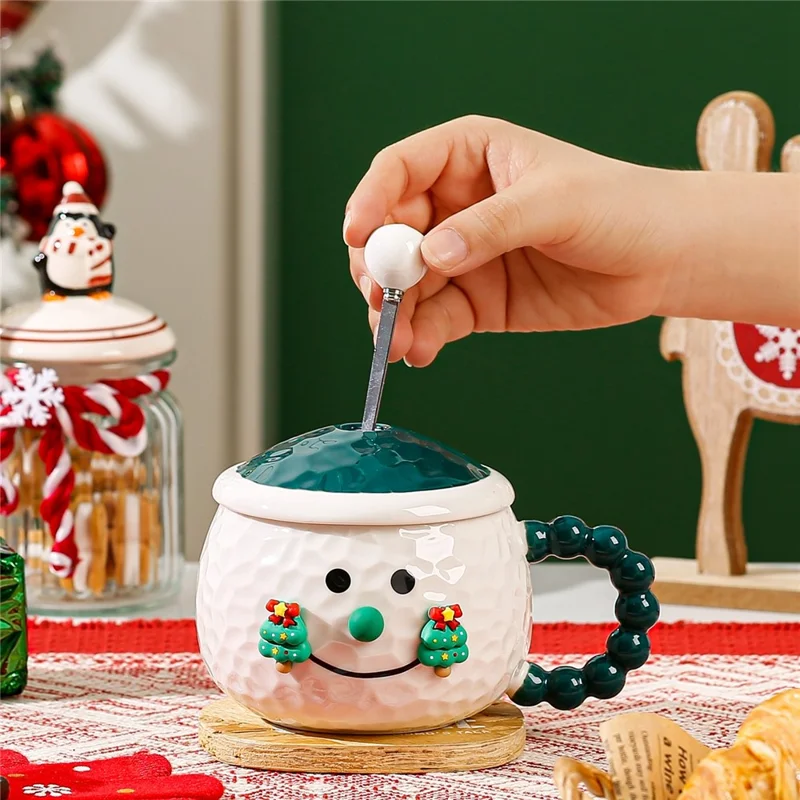 Creative Christmas Cartoon Ceramic Mug with Lid 420ml Coffee Cup for Holiday Gift - Green