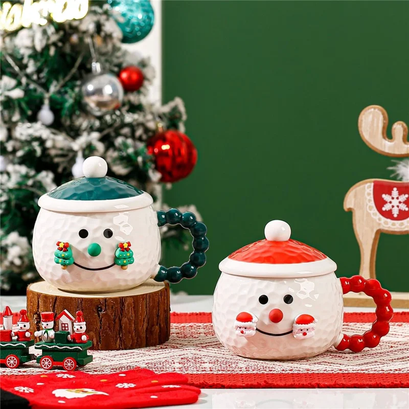 Creative Christmas Cartoon Ceramic Mug with Lid 420ml Coffee Cup for Holiday Gift - Green
